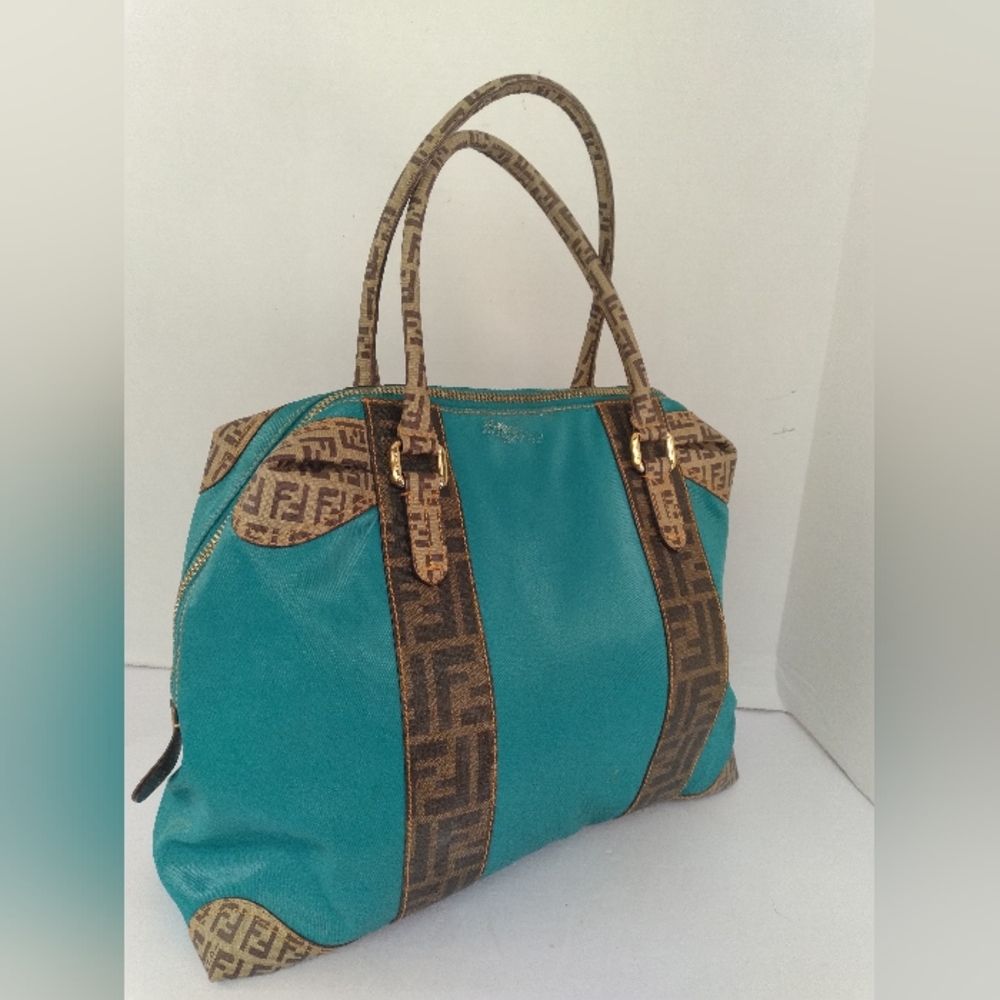 Fendi Zucca Monogram Turquoise Canvas Leather Tote Bag Handbag Gold Hardware - Picture 3 of 4